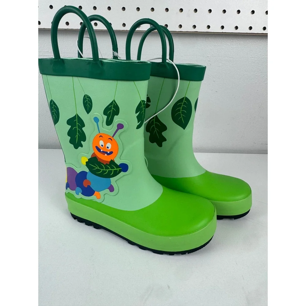 Cat & Jack Toddler Green Caterpillar Rain Boots Size 10 Waterproof Pull On